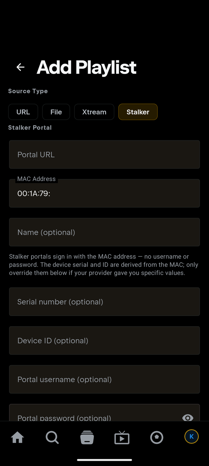 Tuvora phone — Add Playlist screen with Stalker selected: Portal URL and MAC Address fields