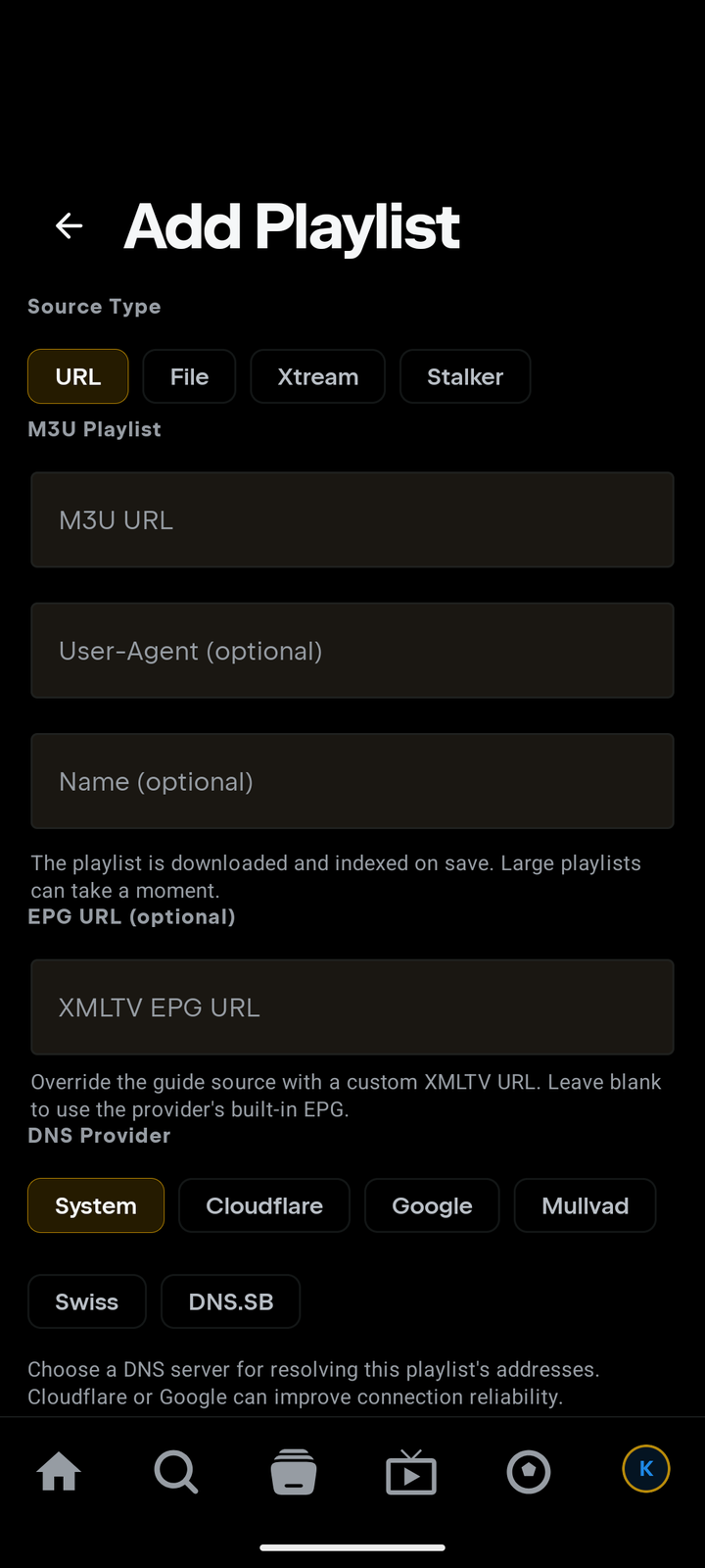 Tuvora phone — Add Playlist screen with URL selected: M3U URL, User-Agent, Name and EPG URL fields