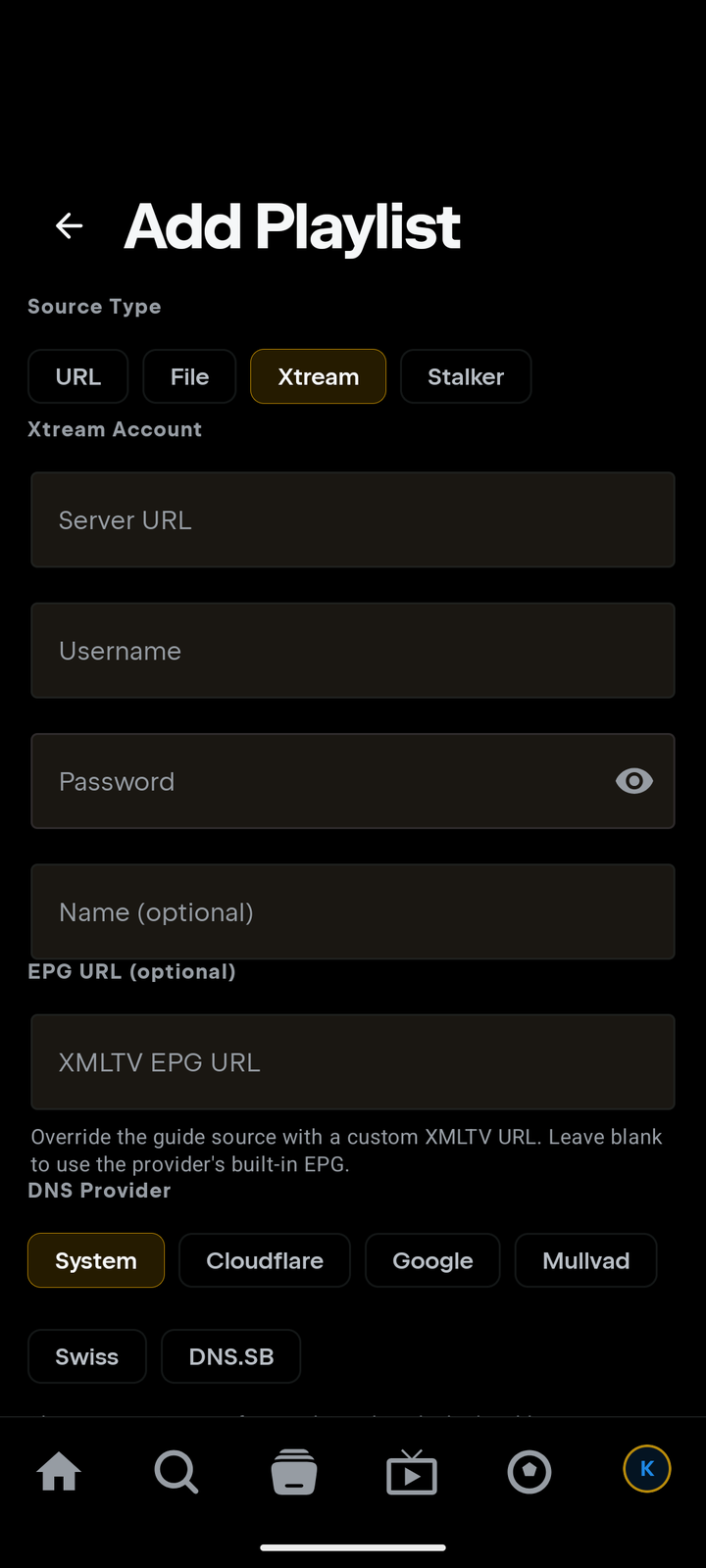 Tuvora phone — Add Playlist screen with Xtream selected: Server URL, Username, Password fields