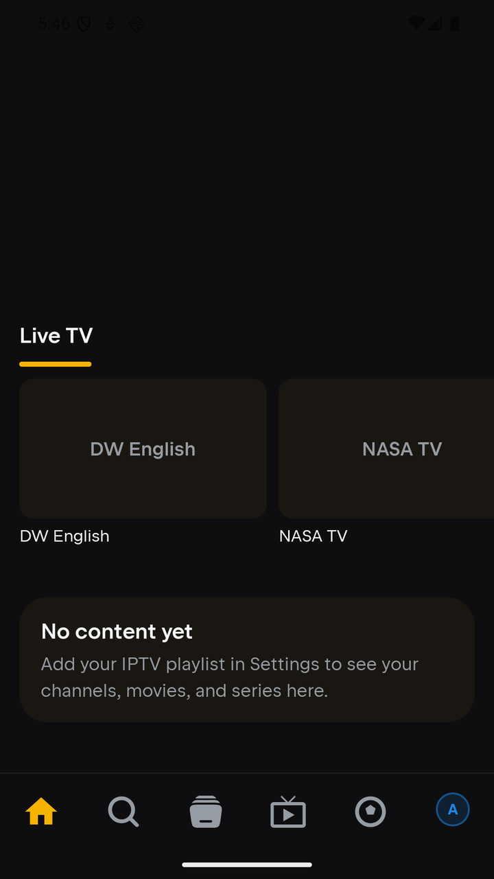 Tuvora phone — Home with a Live TV row and the bottom tabs