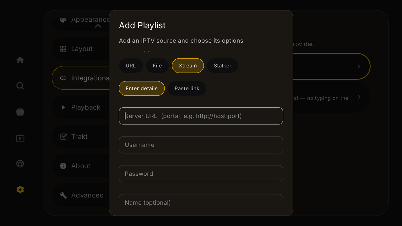 Tuvora TV — Add IPTV dialog with Xtream selected, Enter details and Paste link options
