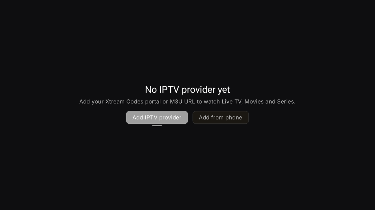 Tuvora TV — IPTV section, first run: Add IPTV provider and Add from phone buttons