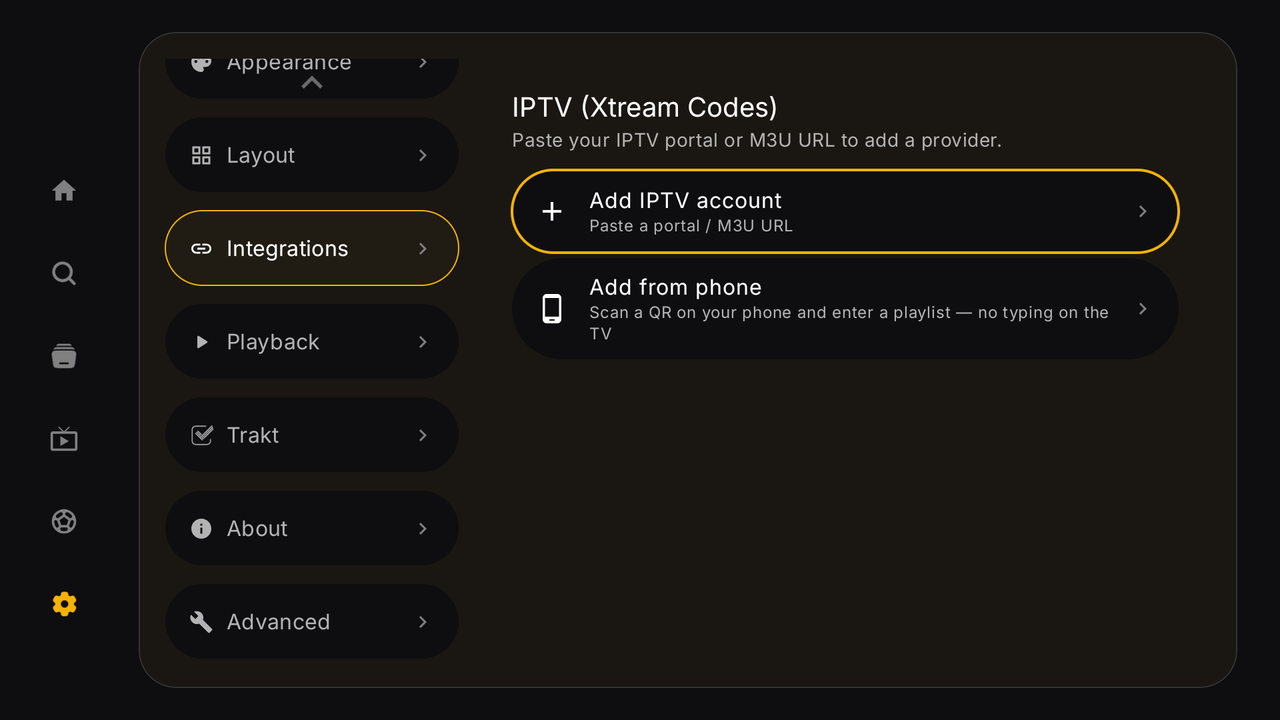 Tuvora TV — IPTV settings: Add IPTV account, and Add from phone (scan a QR, no typing on the TV)