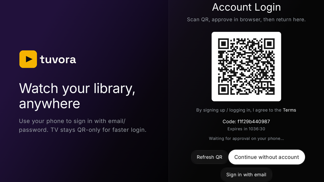 Tuvora TV — QR sign-in screen: scan the code with your phone and approve