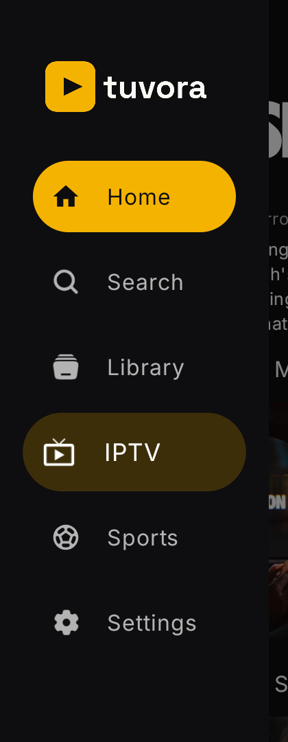 Tuvora TV — the left sidebar: Home, Search, Library, IPTV, Sports, Settings
